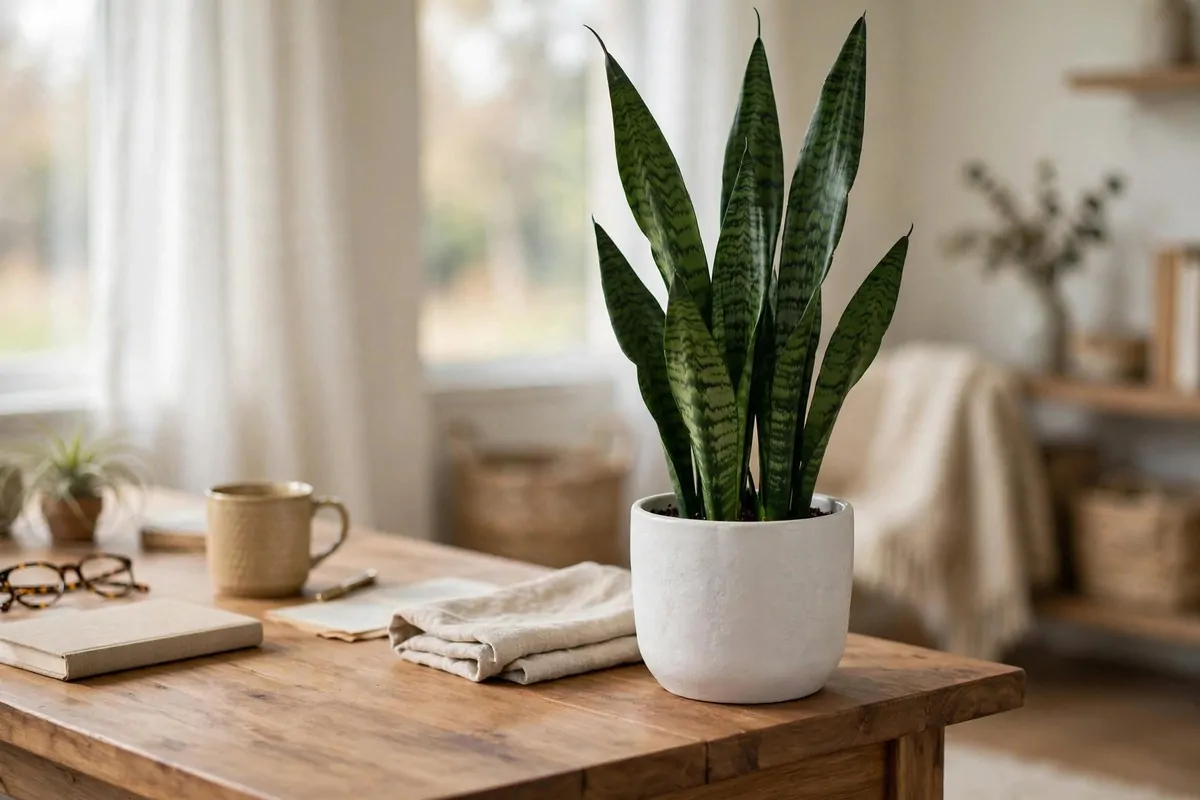 Tall snake plant in a white ceramic pot on the corner of a wooden office desk