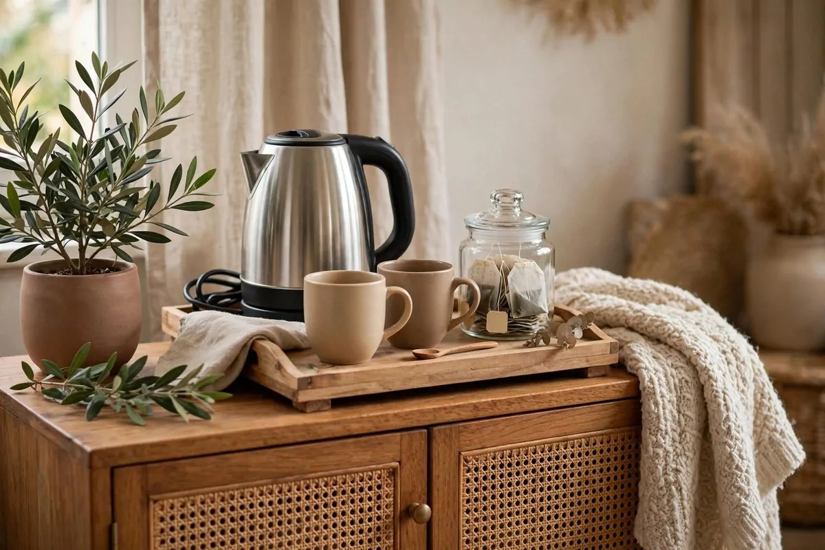 Small wooden tray coffee station with kettle, mugs and tea jars on a side cabinet