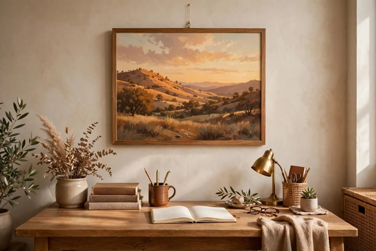 Framed warm-toned landscape art print hanging on the wall above a wooden desk