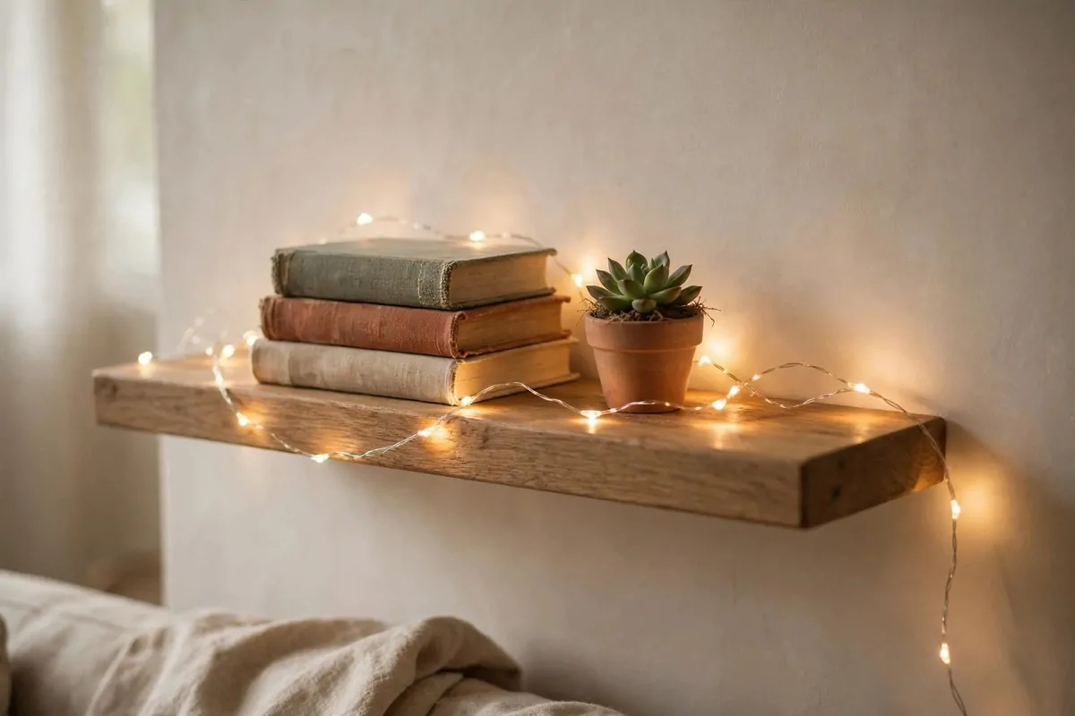 Wooden floating shelf with warm white fairy lights, small books and a succulent