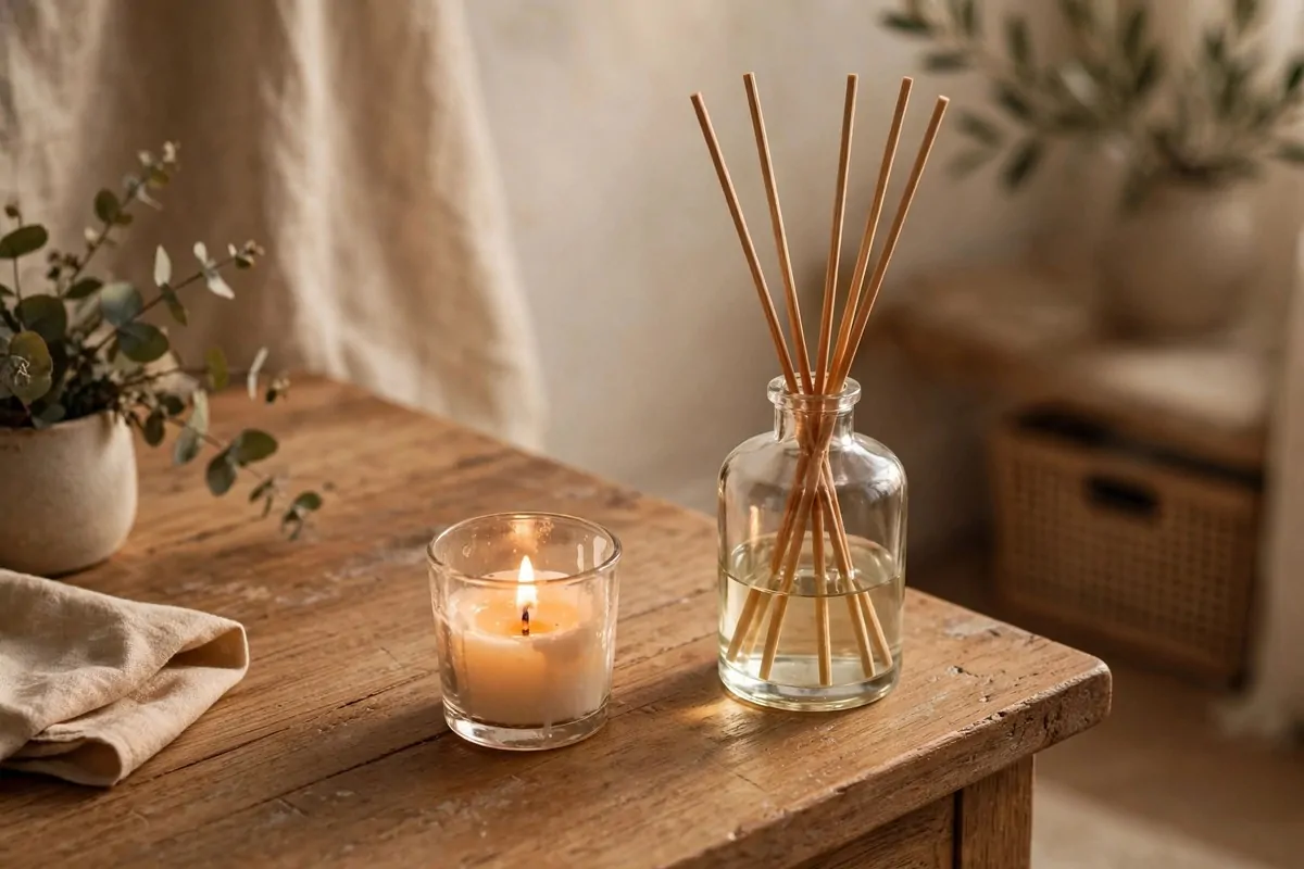 Reed scent diffuser and a small lit candle on the corner of a wooden office desk