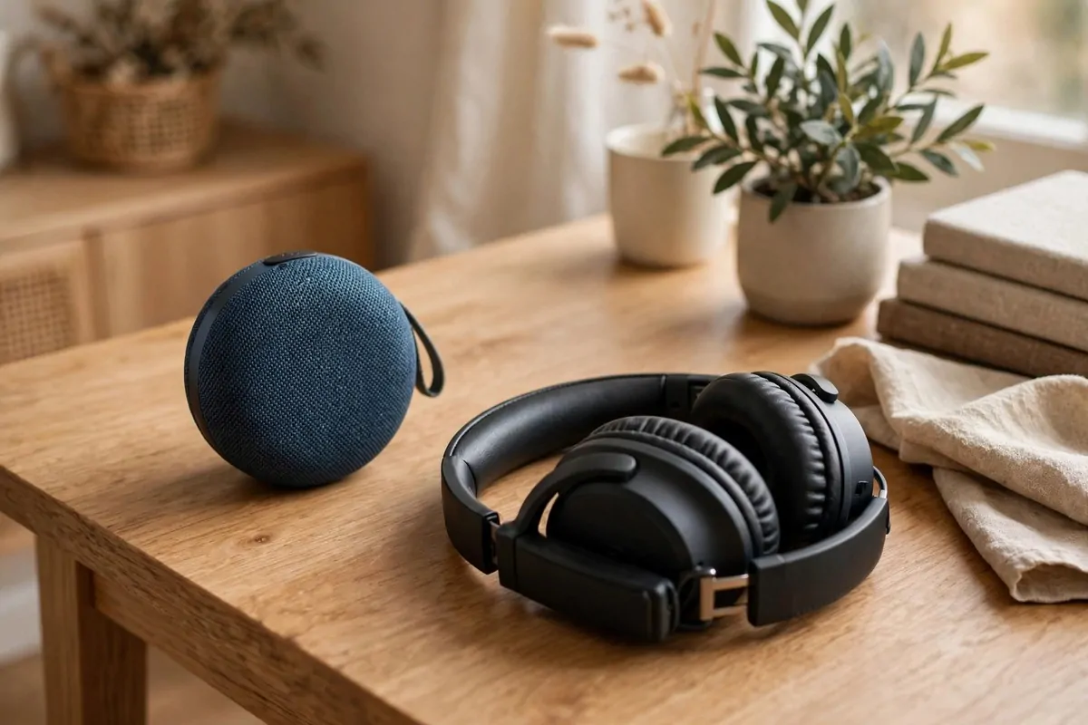 Small round bluetooth speaker and folded headphones resting on a tidy wooden desk