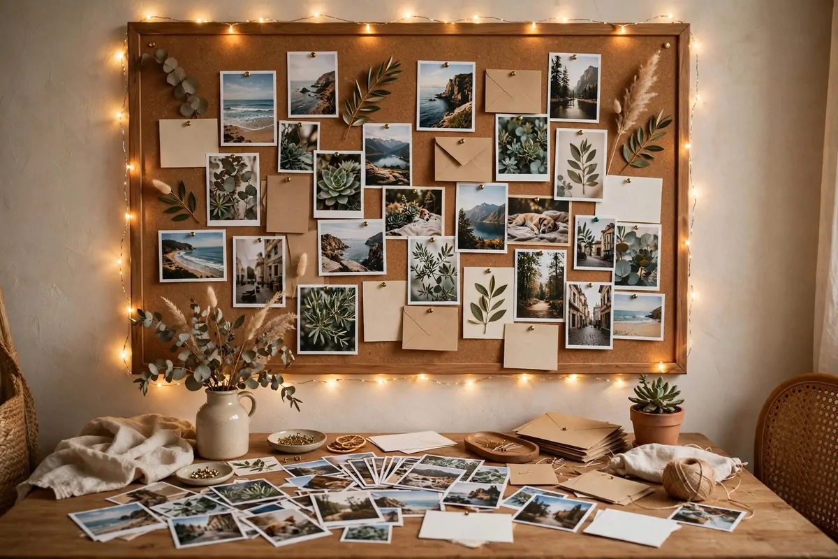 Cork pinboard above a desk with photos, postcards and warm fairy lights around the frame