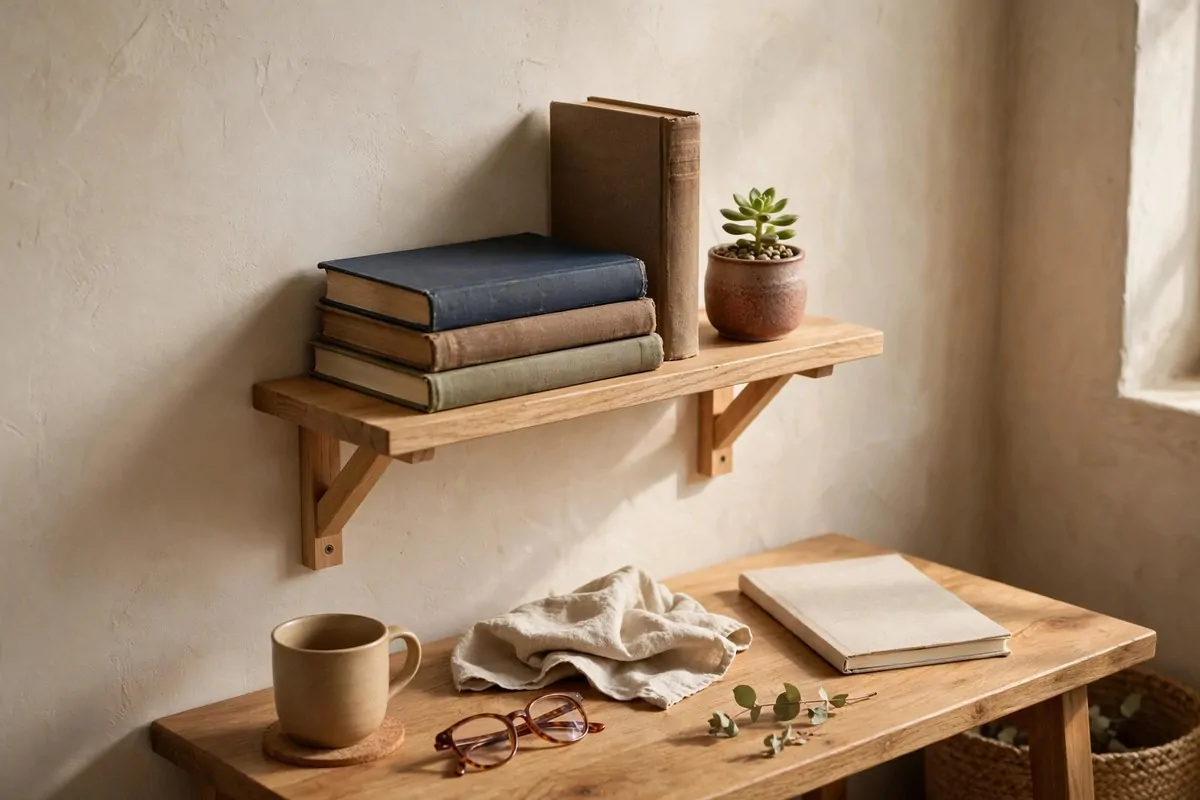 Small wooden wall shelf with favorite books and a tiny potted plant above a desk