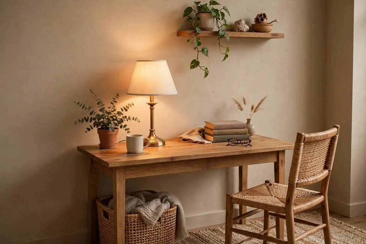 Cozy office corner with one warm beige painted wall and a wooden desk against it