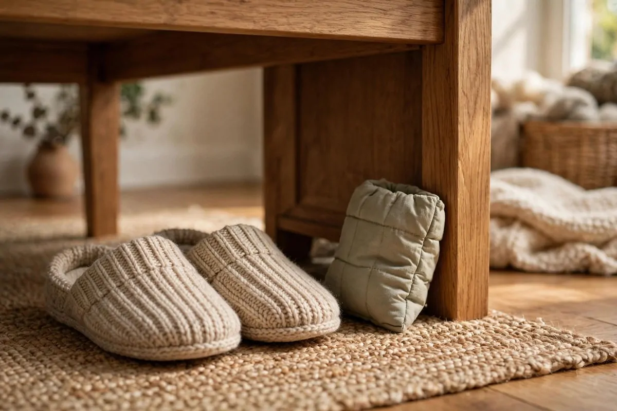 Pair of soft knit slippers and a small fabric foot warmer tucked under a wooden desk
