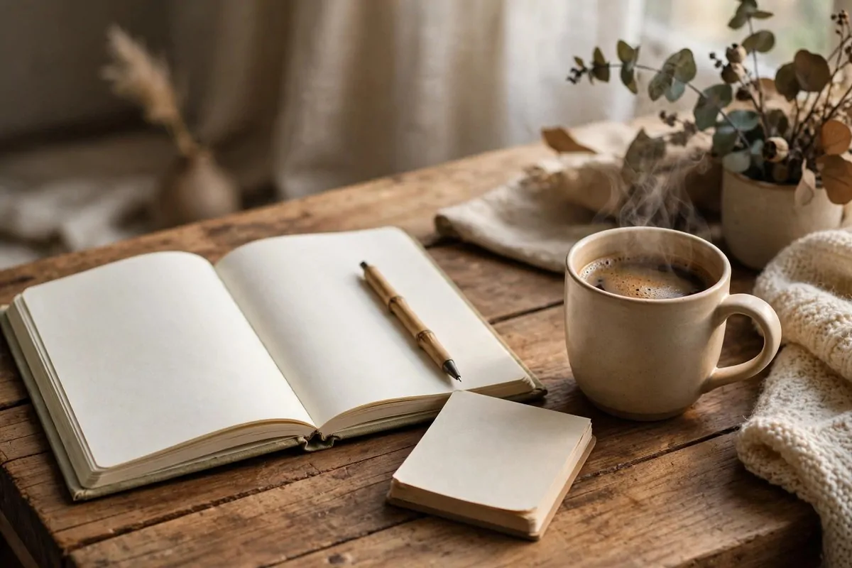 Open notebook, pen, to-do list pad and steaming mug of coffee arranged on a wooden desk