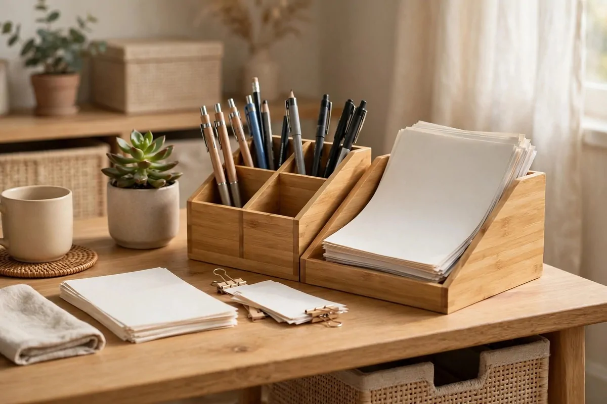 Bamboo wooden desk organizers holding pens and papers on a tidy office desk