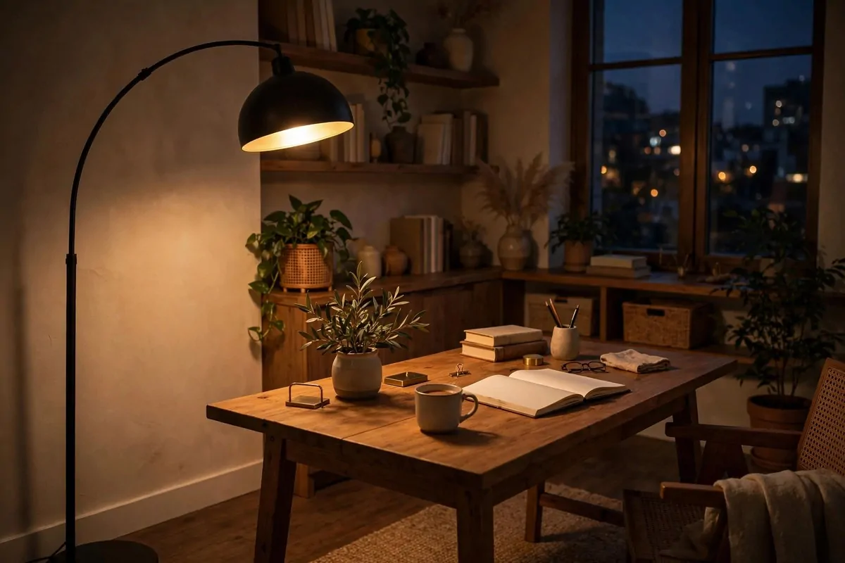Arc floor lamp glowing warm beside a wooden desk in a dim cozy office