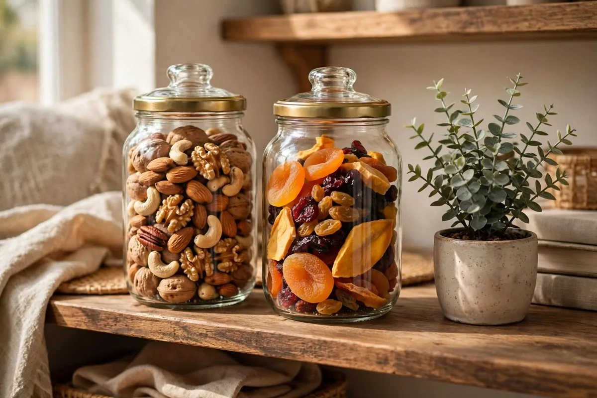Two glass jars filled with nuts and dried fruit on a wooden desk shelf with a small plant