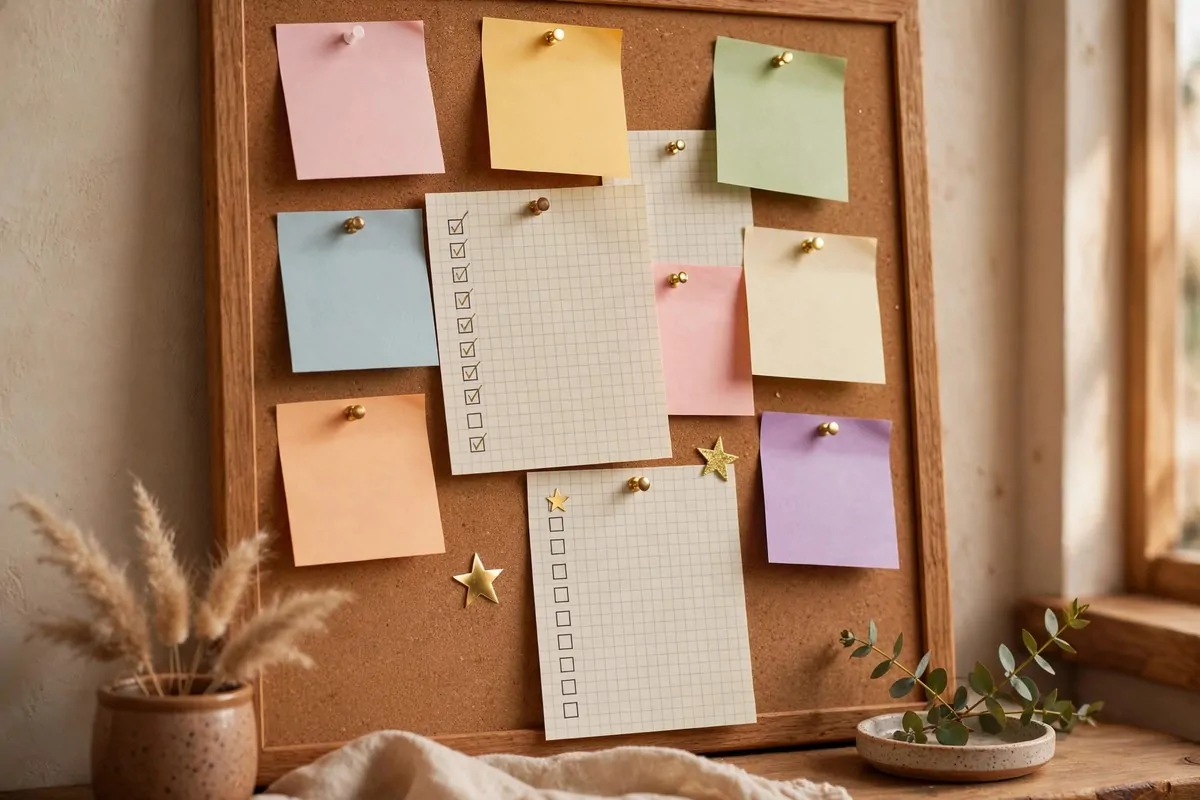 Pinboard with colorful sticky notes and checked paper to-do lists and a gold star