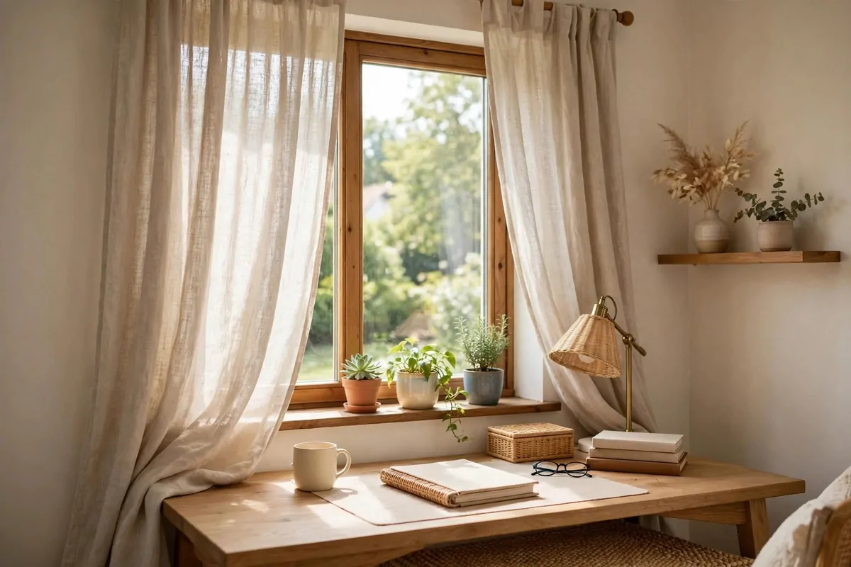 Home office window with soft linen curtains and small potted plants on the windowsill