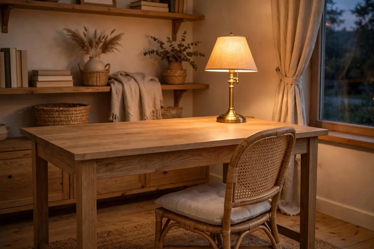 Clean tidy empty wooden desk at end of day with a warm lamp glowing
