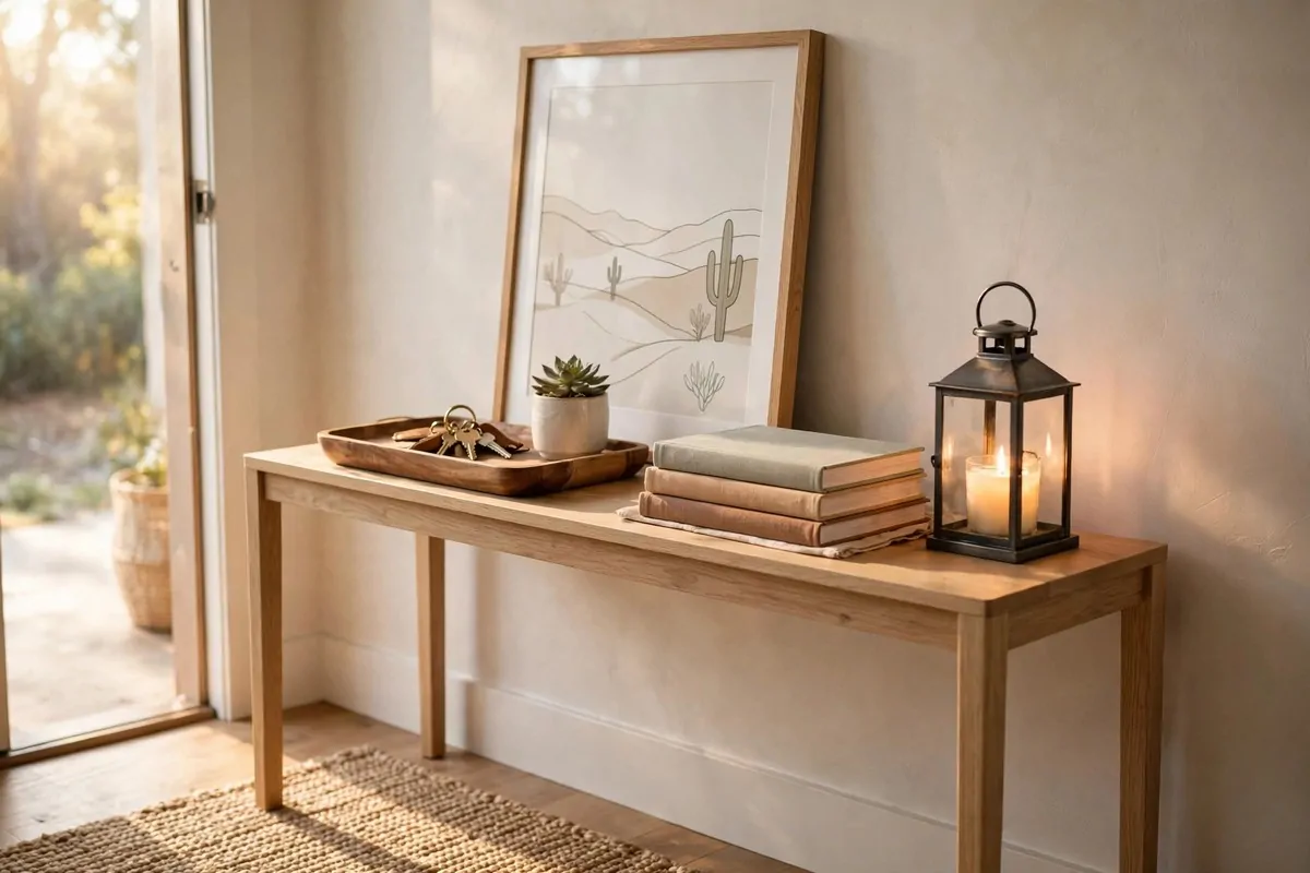 21 Entryway Ideas Guests Will Remember 1 Round vintage gold-framed statement mirror above a slim black console table in a bright entryway
