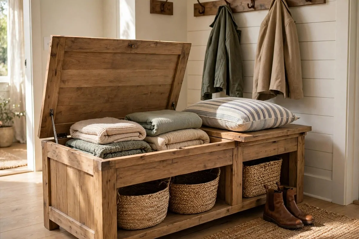 21 Entryway Ideas Guests Will Remember 3 Wooden storage bench with open lid, striped cushion and woven baskets in a cozy entryway