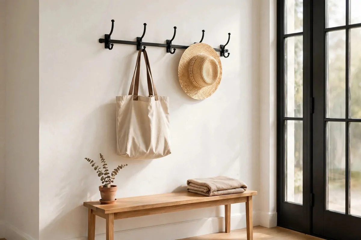 21 Entryway Ideas Guests Will Remember 6 Rattan pendant light glowing warmly above a dark wood console table in an entryway at dusk