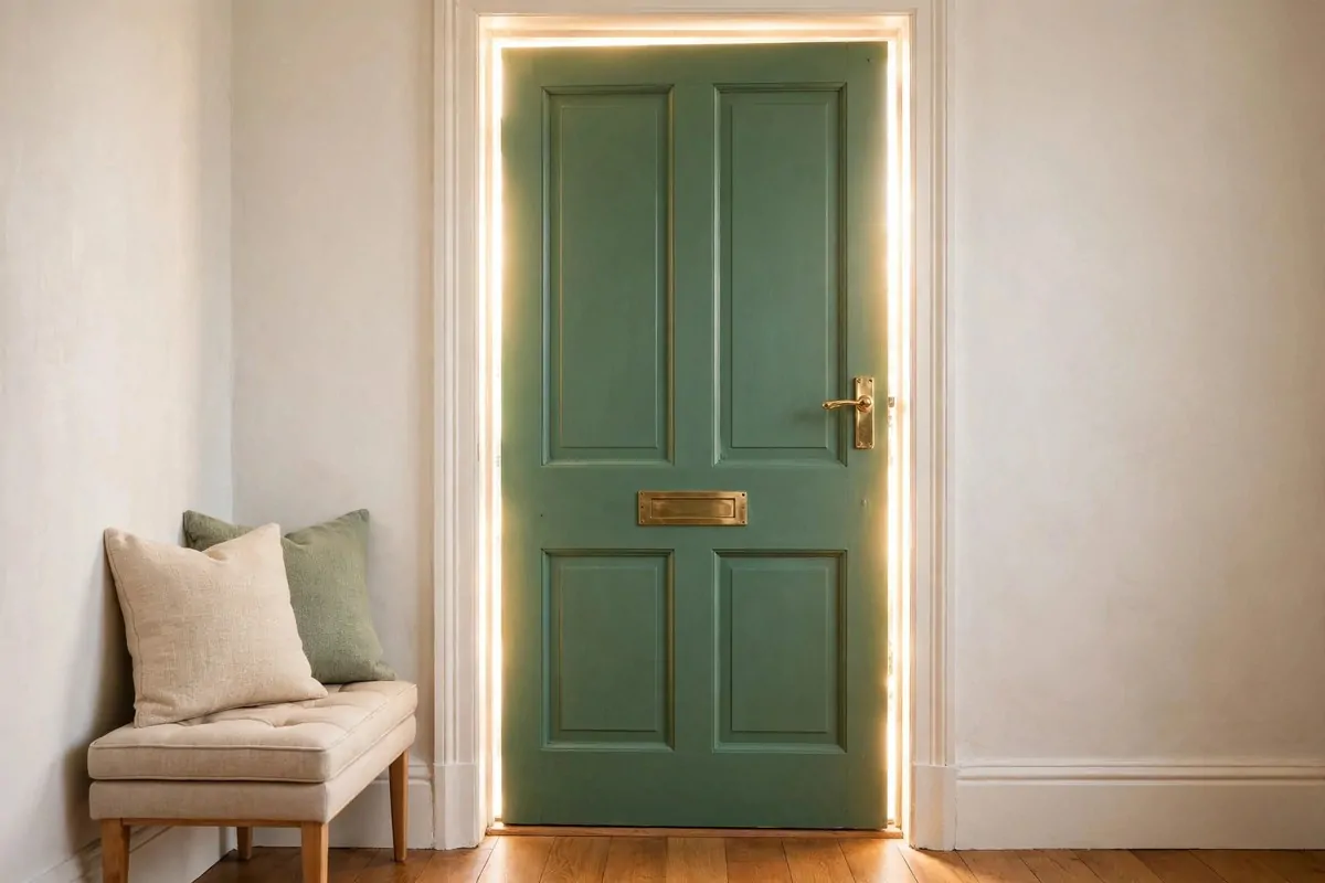 21 Entryway Ideas Guests Will Remember 7 Bold sage-green front door with brass hardware seen from inside a bright entryway
