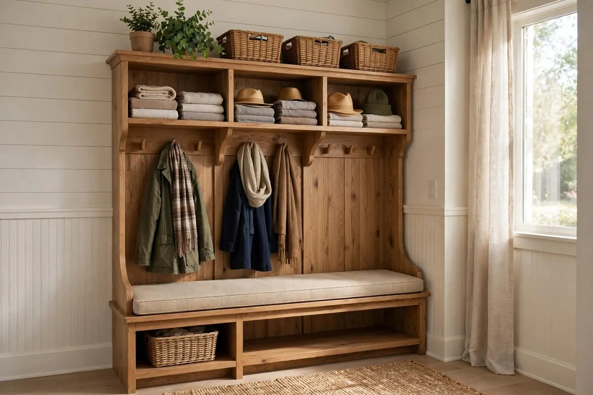 21 Entryway Ideas Guests Will Remember 14 Wooden hall tree with bench, cubbies, baskets and hanging coats in an organized entryway