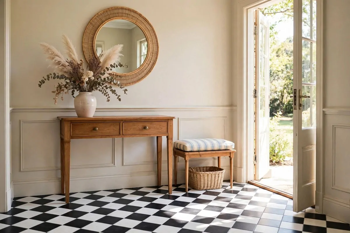 21 Entryway Ideas Guests Will Remember 15 Floating wooden shelf with framed photos, plant and books in a small entryway with striped rug