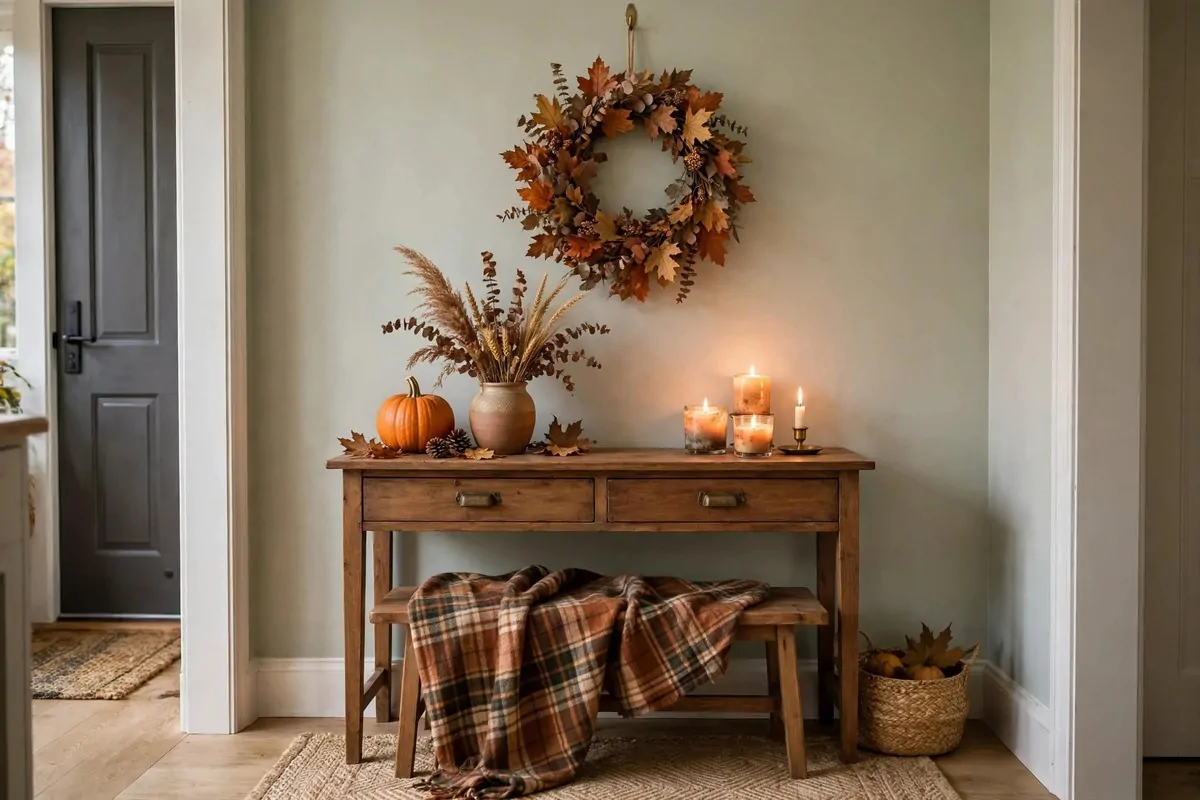 21 Entryway Ideas Guests Will Remember 16 Vintage refinished wooden cabinet with brass lamp, books and botanical print in a warm entryway