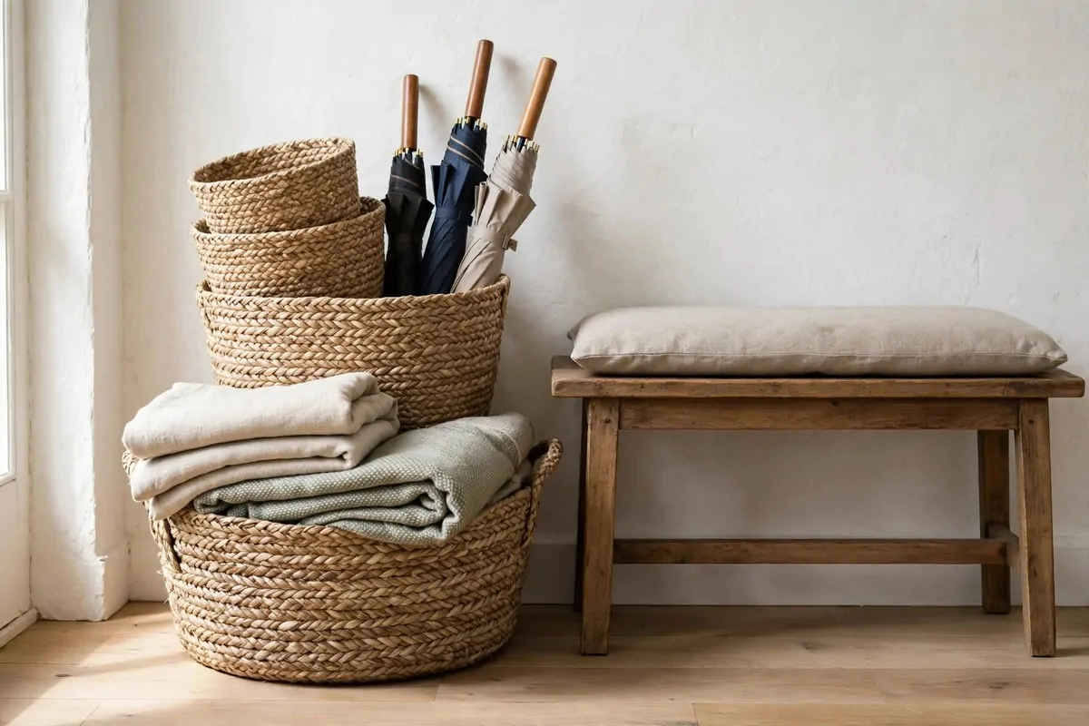 21 Entryway Ideas Guests Will Remember 19 Entryway console decorated for autumn with pumpkin, leaf wreath and plaid throw