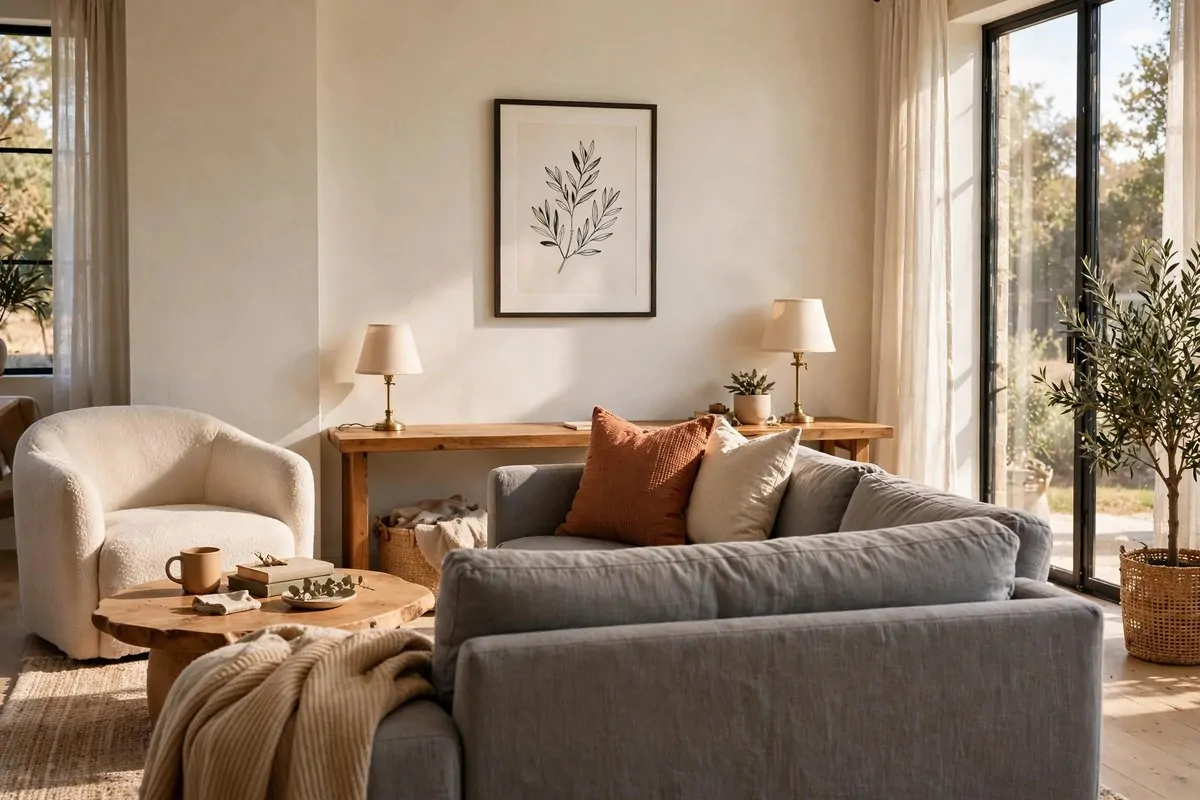 21 Home Office in Living Room Ideas That Blend In Seamlessly 1 Wooden desk placed behind a sofa in a living room