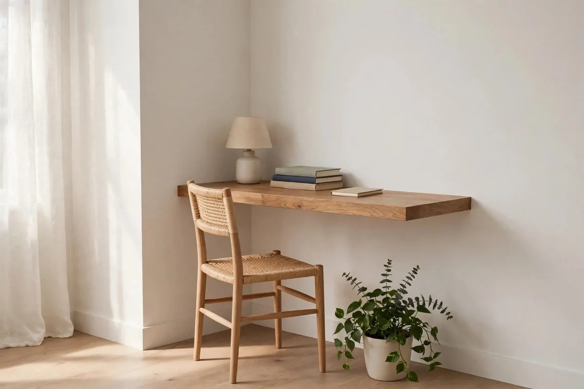 21 Home Office in Living Room Ideas That Blend In Seamlessly 2 Floating wooden shelf desk mounted on a living room wall