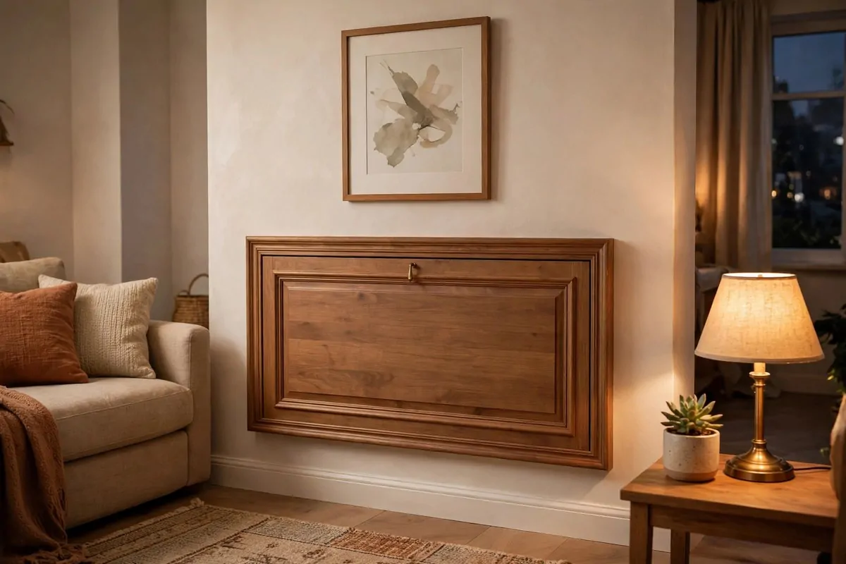 21 Home Office in Living Room Ideas That Blend In Seamlessly 3 Closed fold-down wall desk looking like a cabinet panel