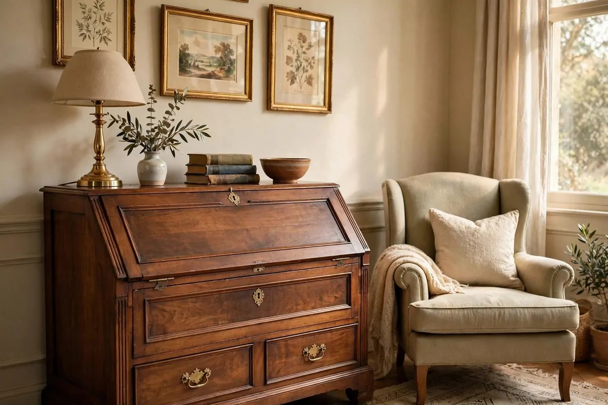 21 Home Office in Living Room Ideas That Blend In Seamlessly 4 Vintage secretary desk with closed drop front in living room