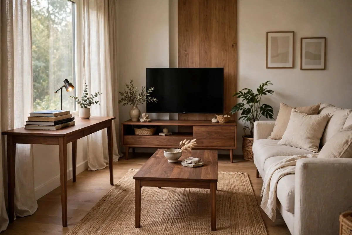 21 Home Office in Living Room Ideas That Blend In Seamlessly 5 Desk in matching walnut tones with living room furniture