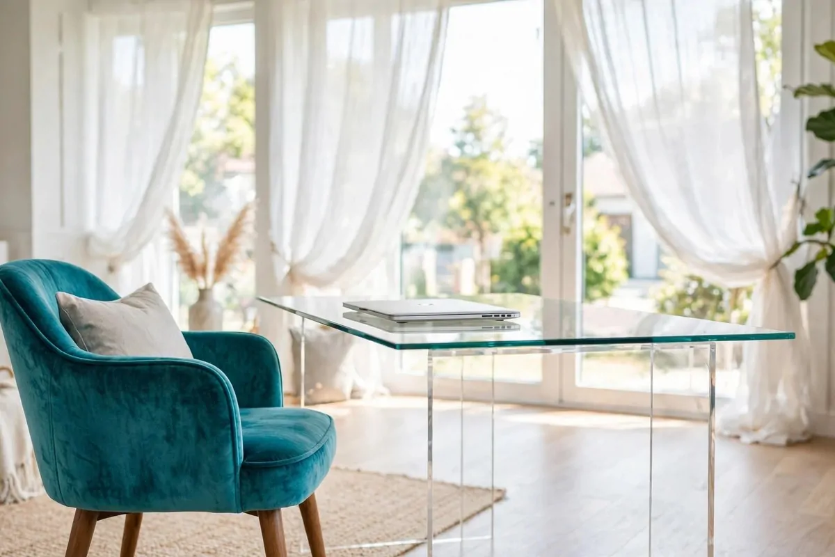 21 Home Office in Living Room Ideas That Blend In Seamlessly 6 Clear glass desk in a bright living room