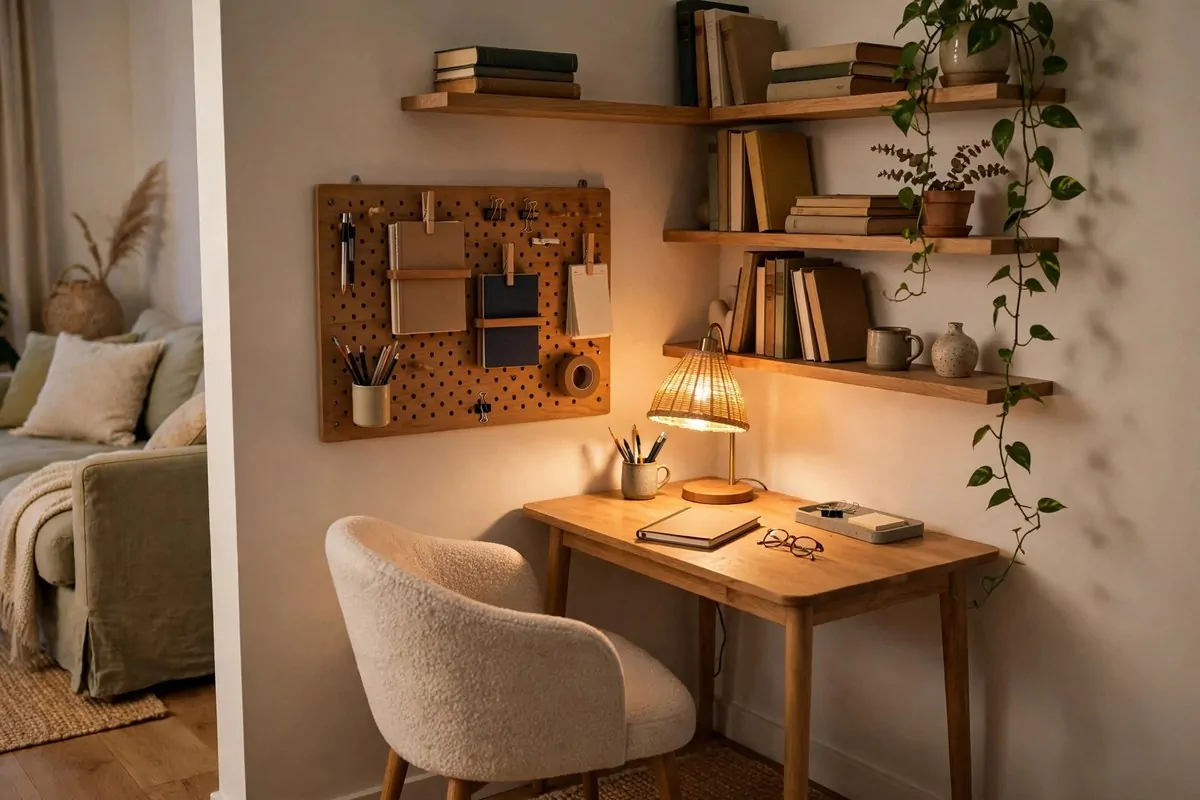 21 Home Office in Living Room Ideas That Blend In Seamlessly 7 Corner desk with pegboard and shelves in living room