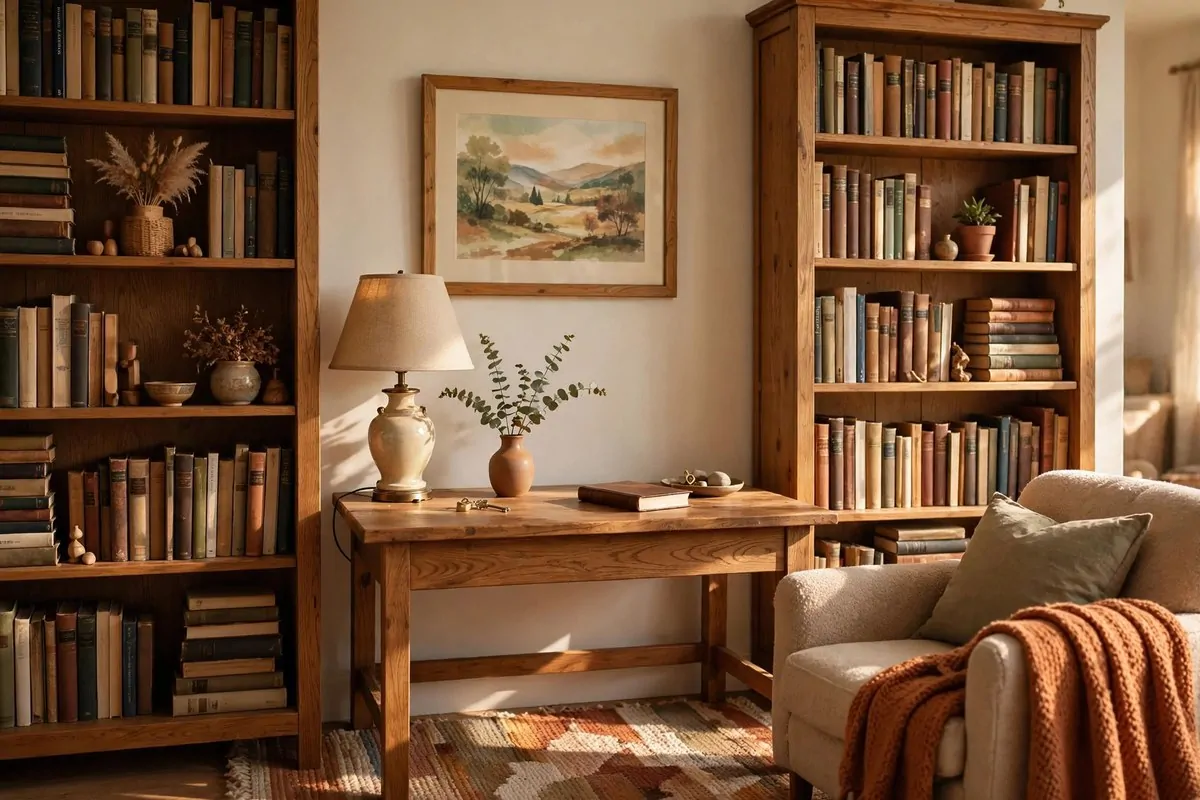 21 Home Office in Living Room Ideas That Blend In Seamlessly 8 Desk between two tall bookcases in a living room