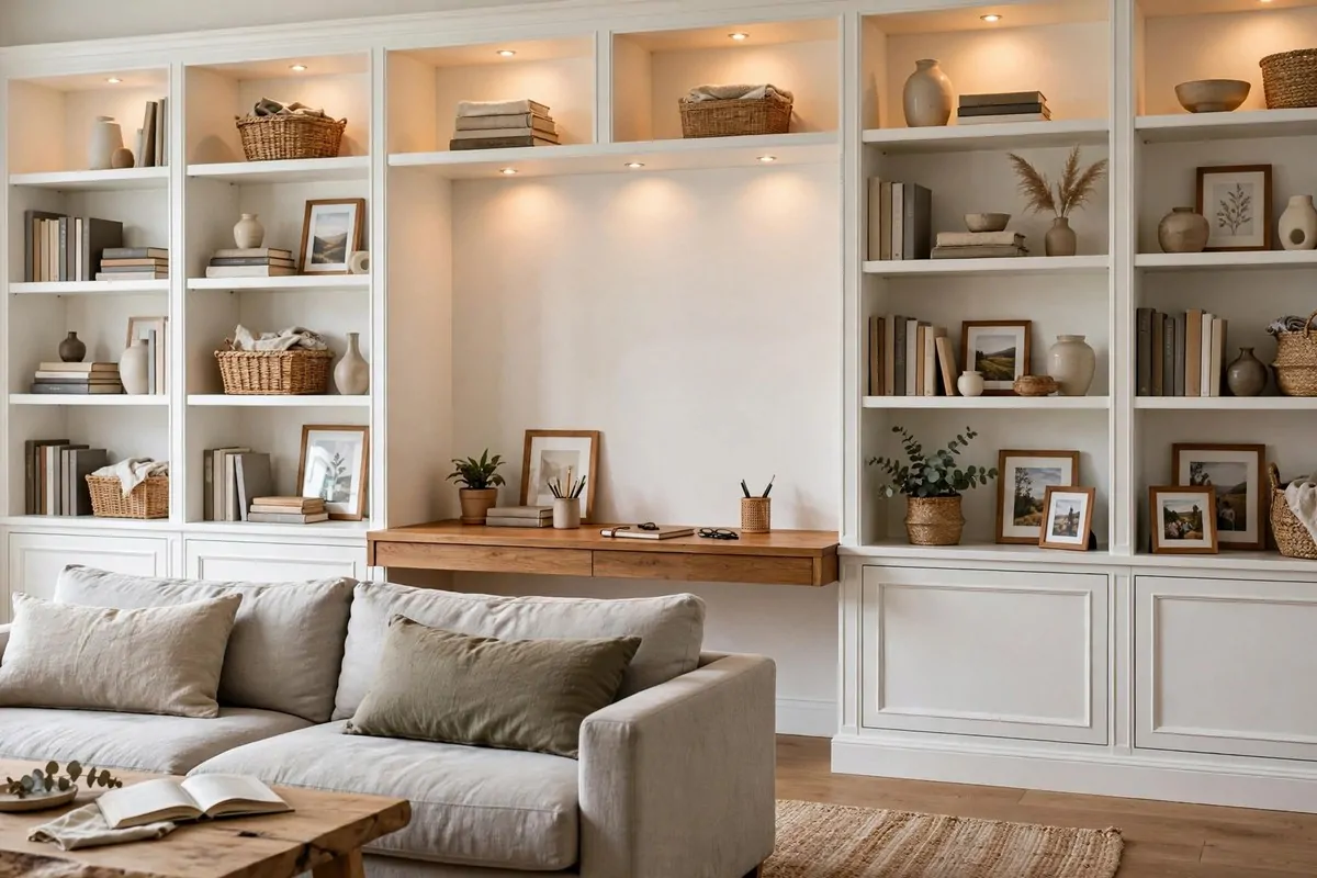 21 Home Office in Living Room Ideas That Blend In Seamlessly 9 Built-in shelving with desk nook in living room