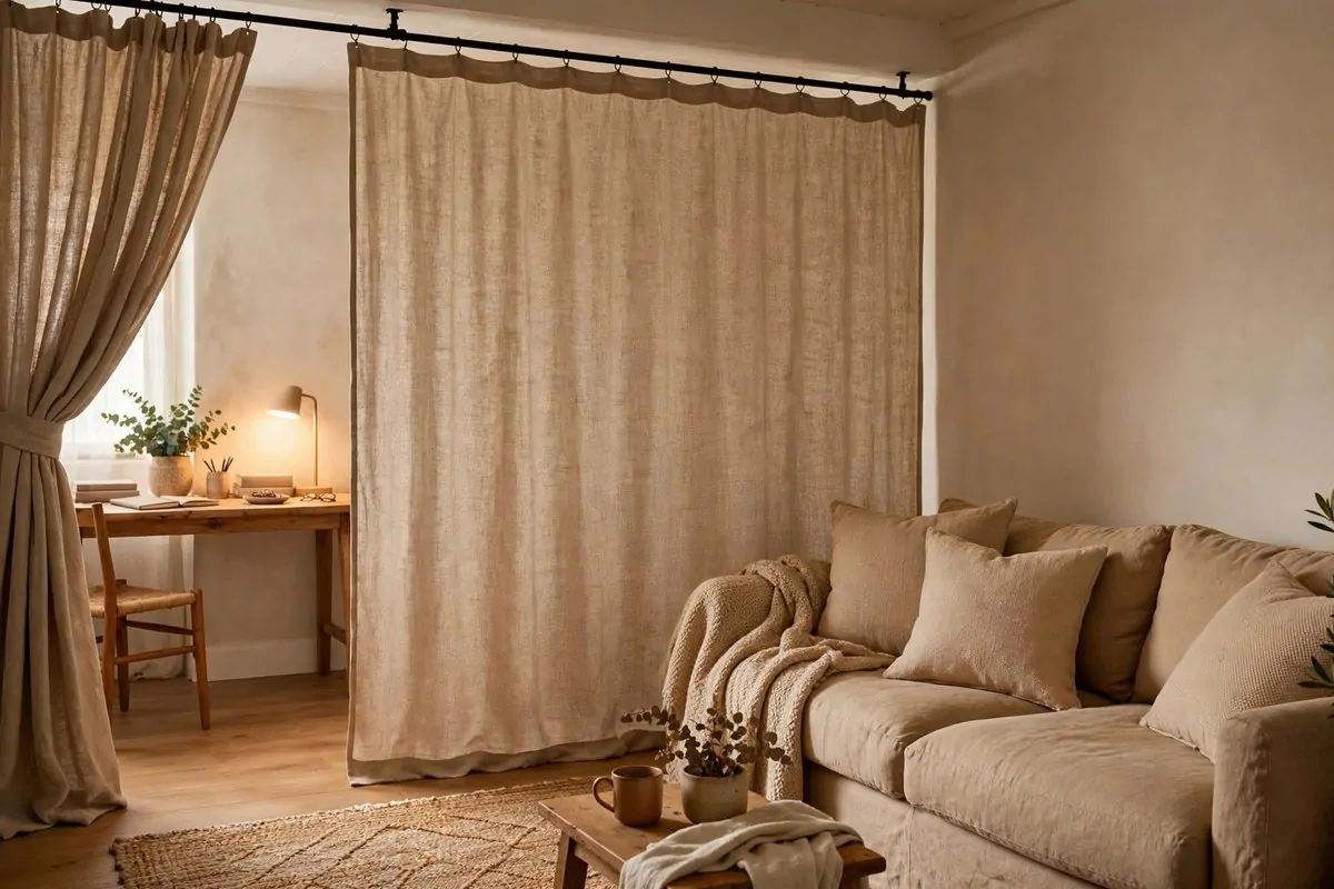 21 Home Office in Living Room Ideas That Blend In Seamlessly 10 Linen curtain divider hiding a desk area