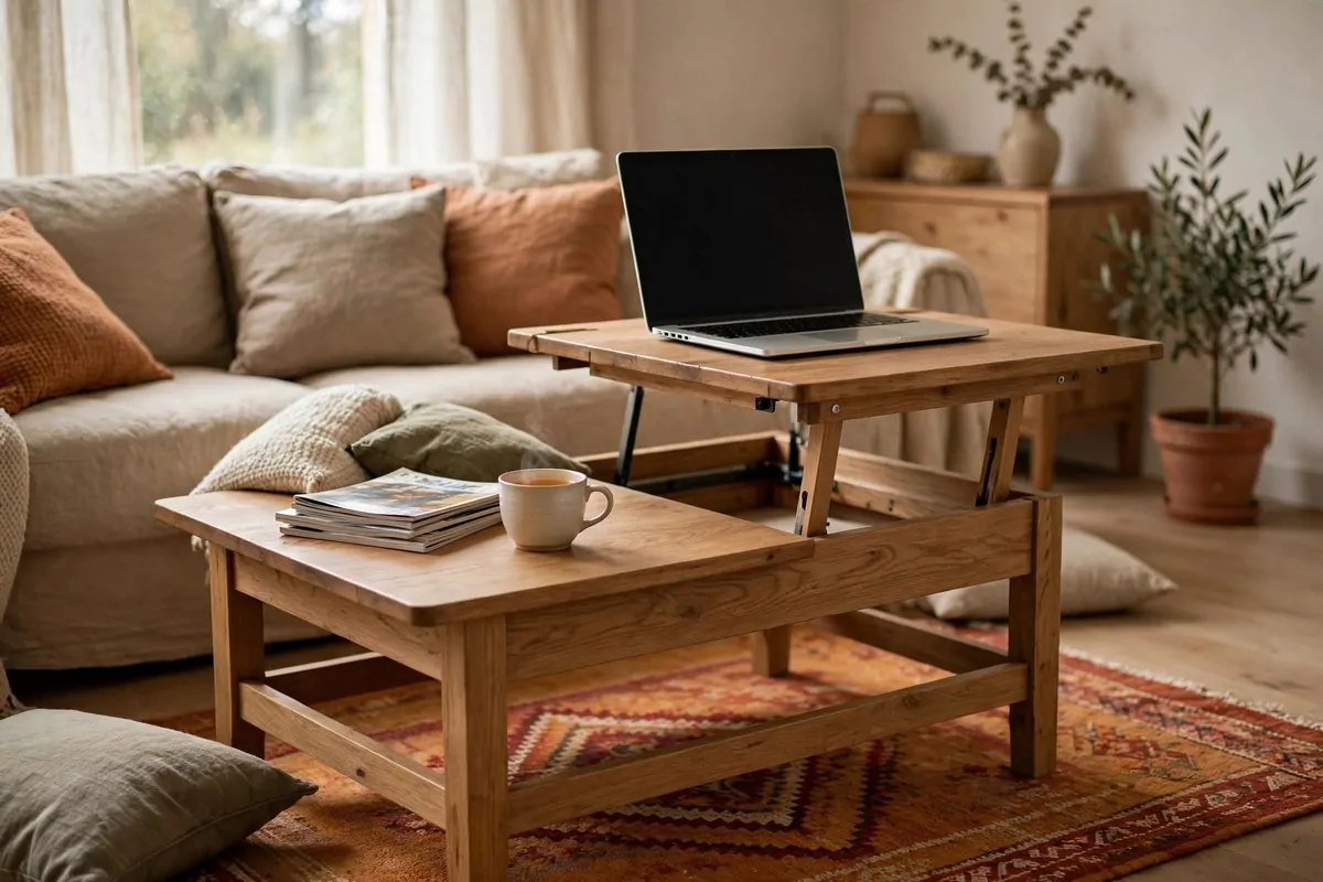 21 Home Office in Living Room Ideas That Blend In Seamlessly 11 Lift-top coffee table raised to desk height