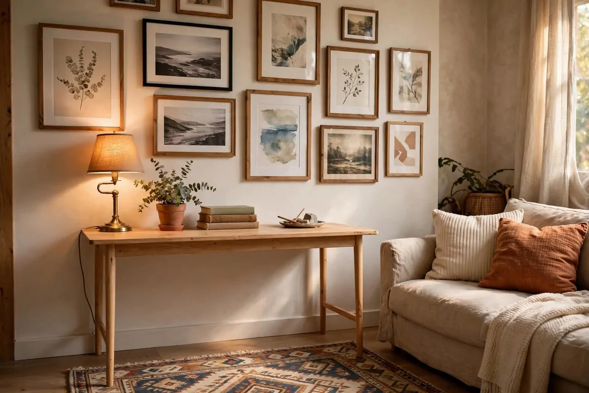 21 Home Office in Living Room Ideas That Blend In Seamlessly 12 Desk under a gallery wall of framed art