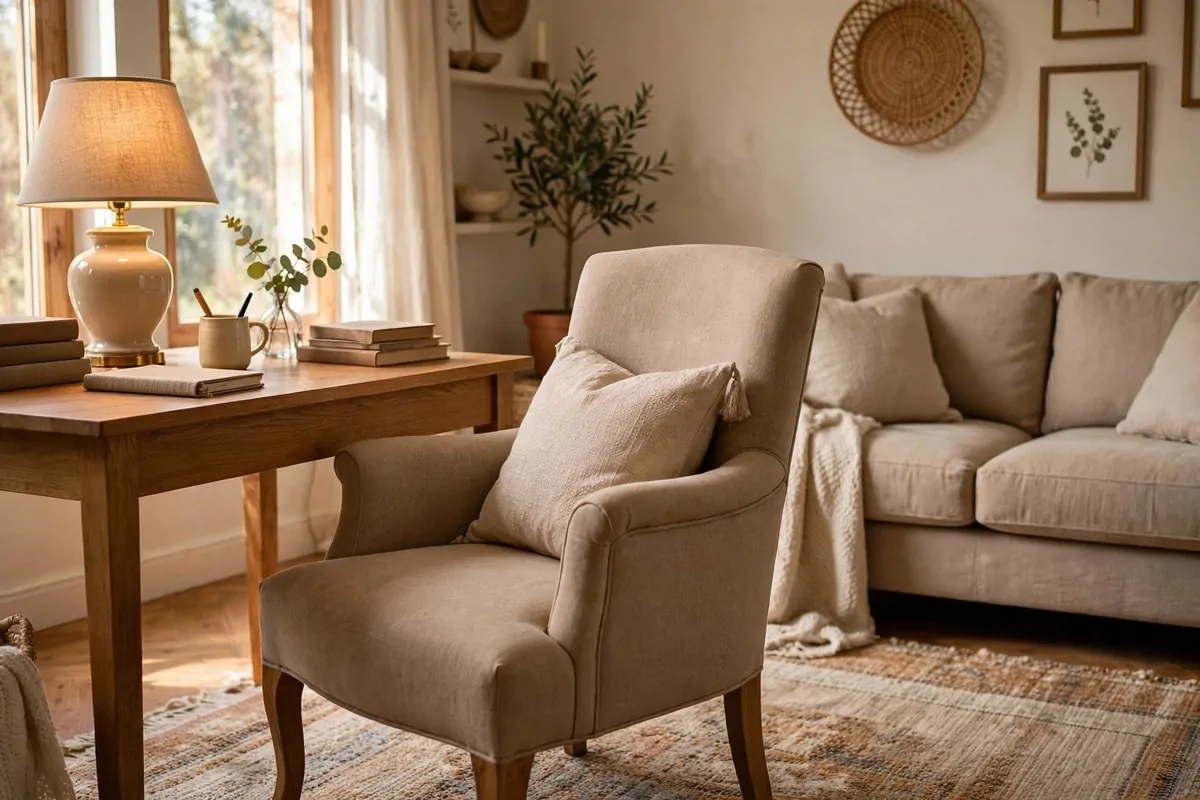 21 Home Office in Living Room Ideas That Blend In Seamlessly 13 Upholstered armchair used as a desk chair