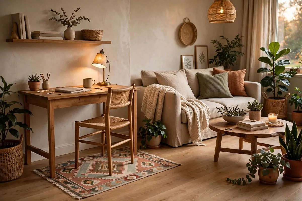 21 Home Office in Living Room Ideas That Blend In Seamlessly 14 Patterned rug under a compact desk defining a work zone