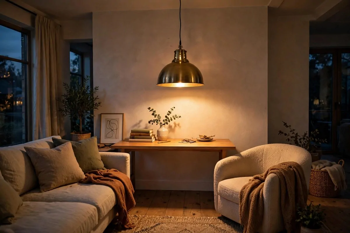 21 Home Office in Living Room Ideas That Blend In Seamlessly 15 Brass pendant lamp glowing above a slim desk