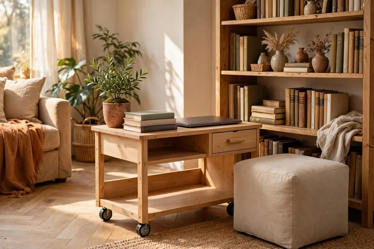 21 Home Office in Living Room Ideas That Blend In Seamlessly 16 Small desk on wheels beside a bookshelf