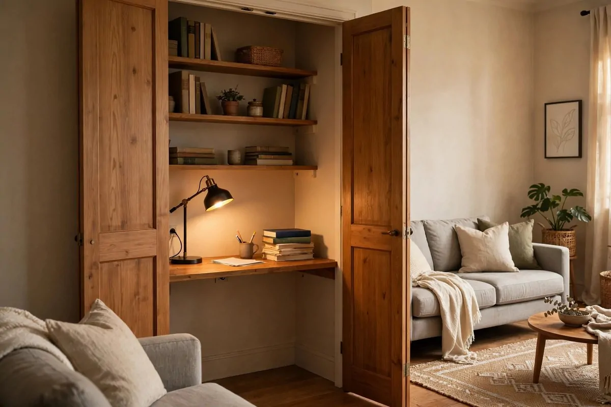 21 Home Office in Living Room Ideas That Blend In Seamlessly 17 Living room closet converted into a mini office nook