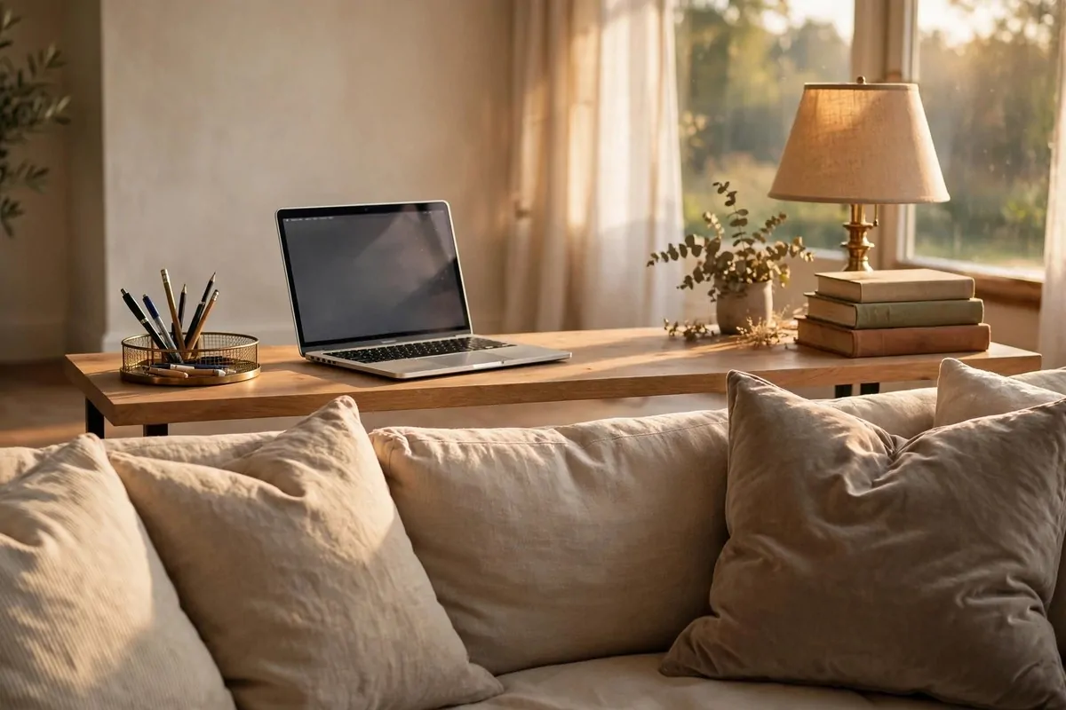 21 Home Office in Living Room Ideas That Blend In Seamlessly 18 Slim console table with laptop behind a sofa