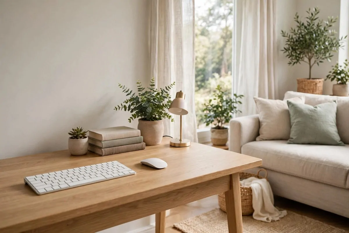 21 Home Office in Living Room Ideas That Blend In Seamlessly 19 Neat desk with hidden cables and wireless keyboard