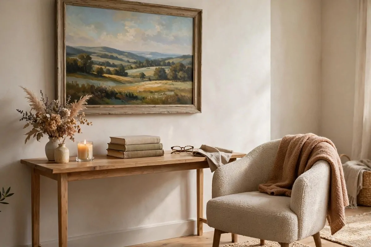 21 Home Office in Living Room Ideas That Blend In Seamlessly 20 Desk styled with art and candles like living room decor