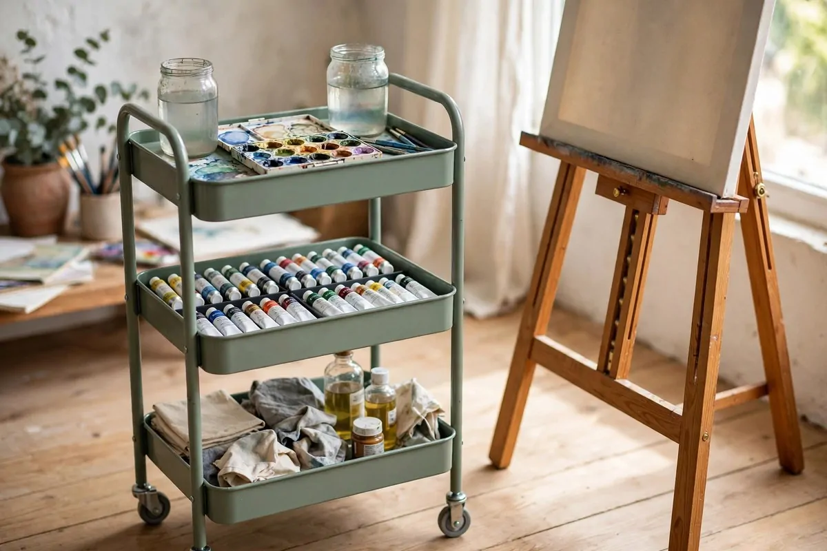Green RASKOG rolling cart organized as a paint station in an art studio