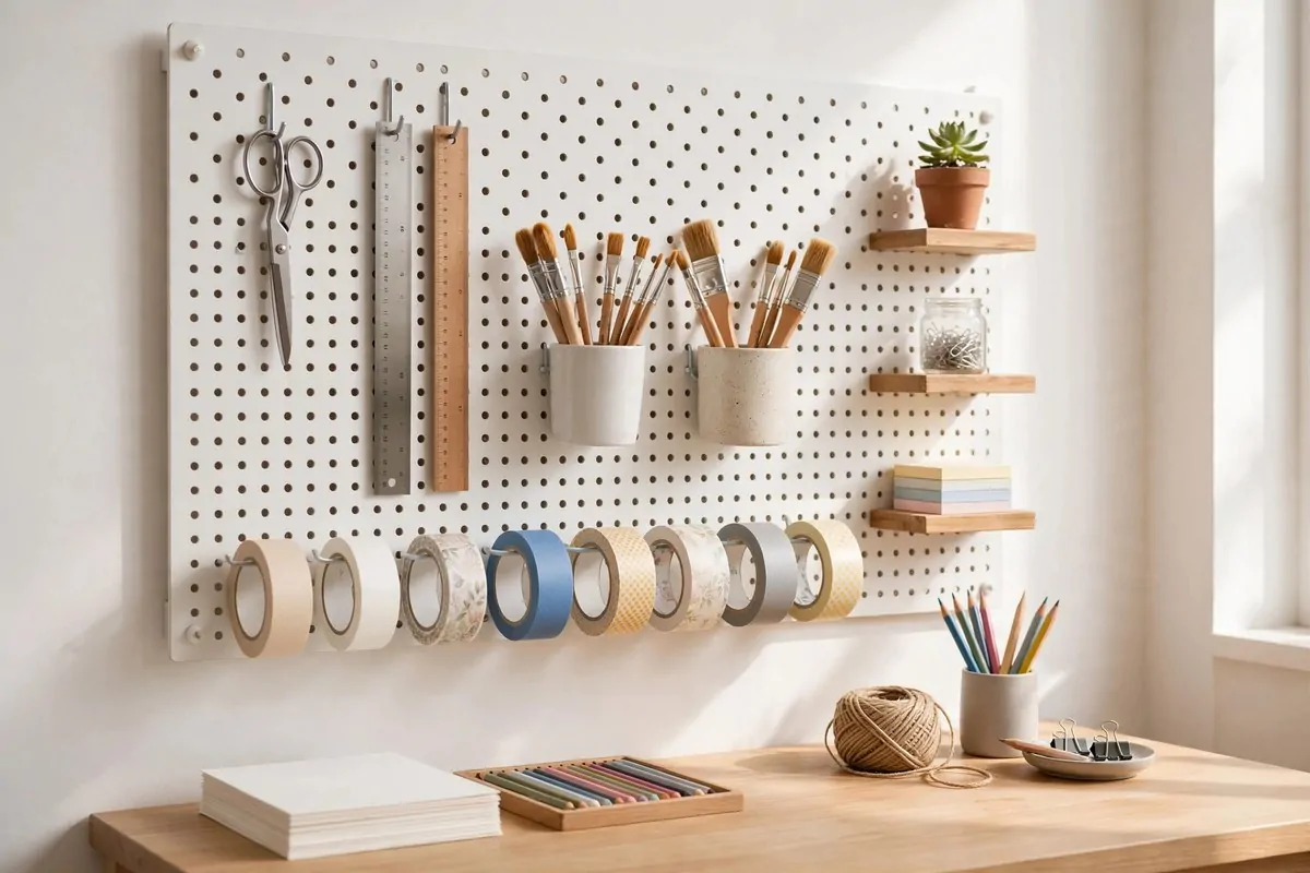 SKADIS pegboard tool wall above an art desk with scissors and brush cups