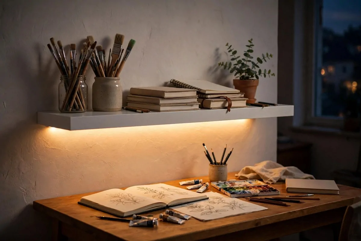 Floating shelf with warm under-shelf lighting above an art desk