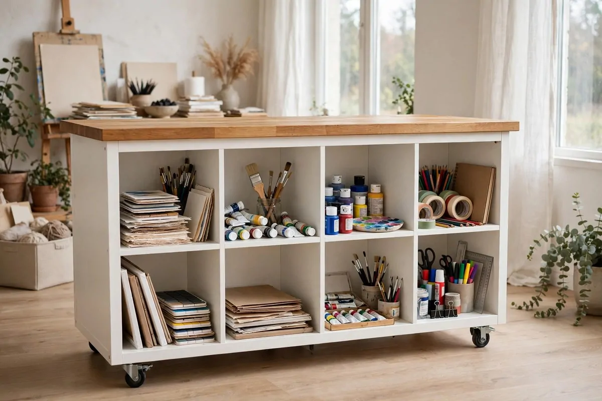 Rolling craft table made from a sideways KALLAX unit with wooden top