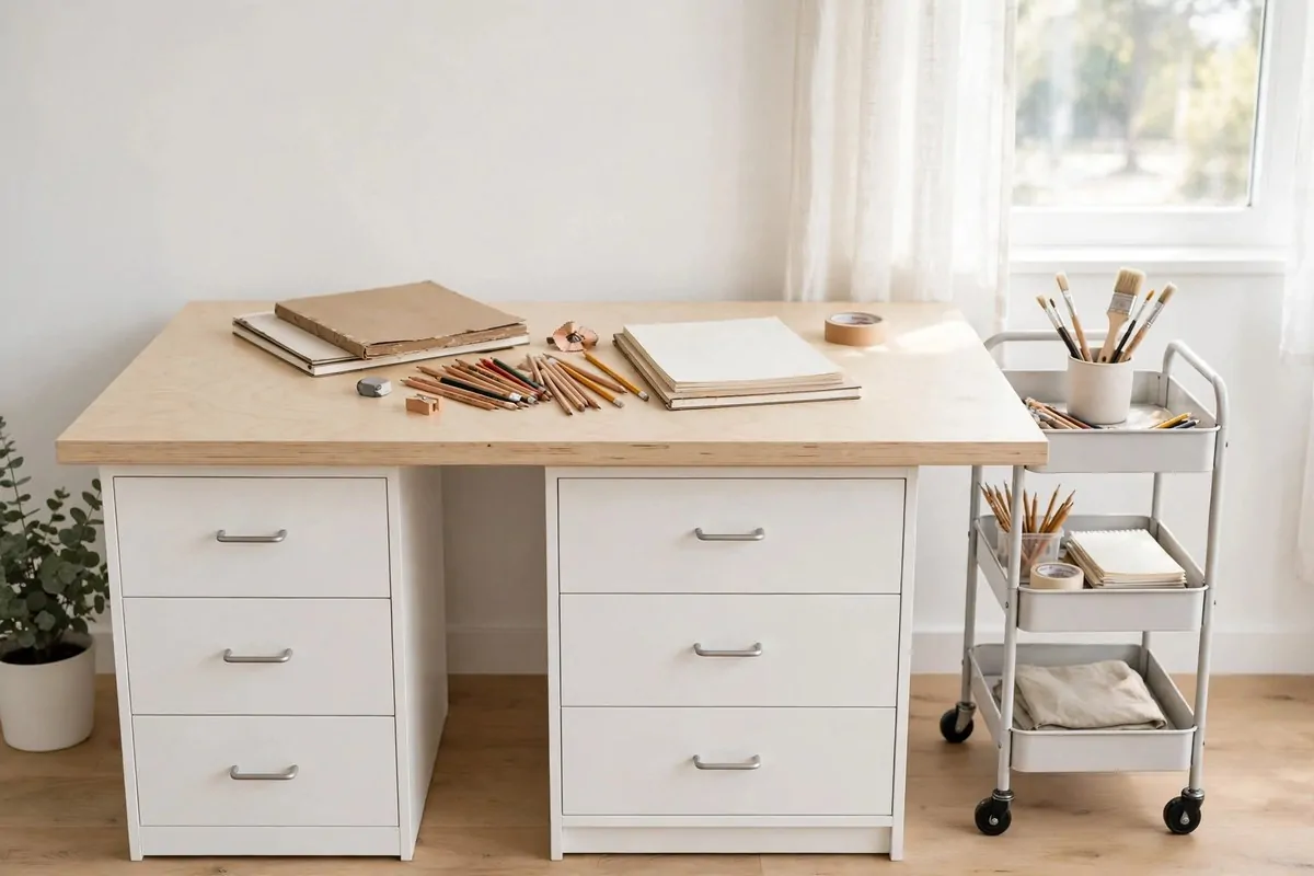 Budget art desk with birch tabletop on two drawer units